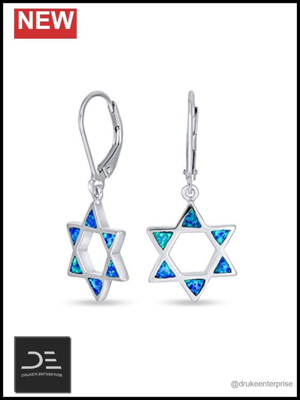 Created Blue Opal Star of David Dangle Earrings Sterling Silver Leverback